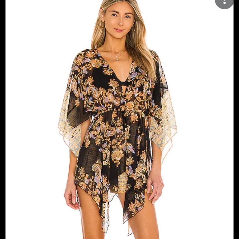 Free People Black Floral Sheer Kaftan Romper